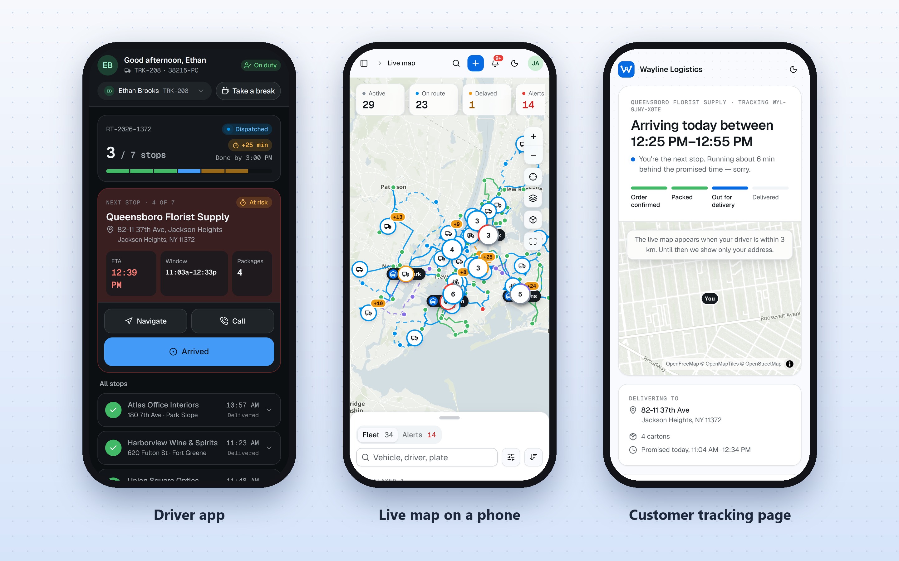 The same simulation on three phones: the driver app, the live map and the customer's tracking page