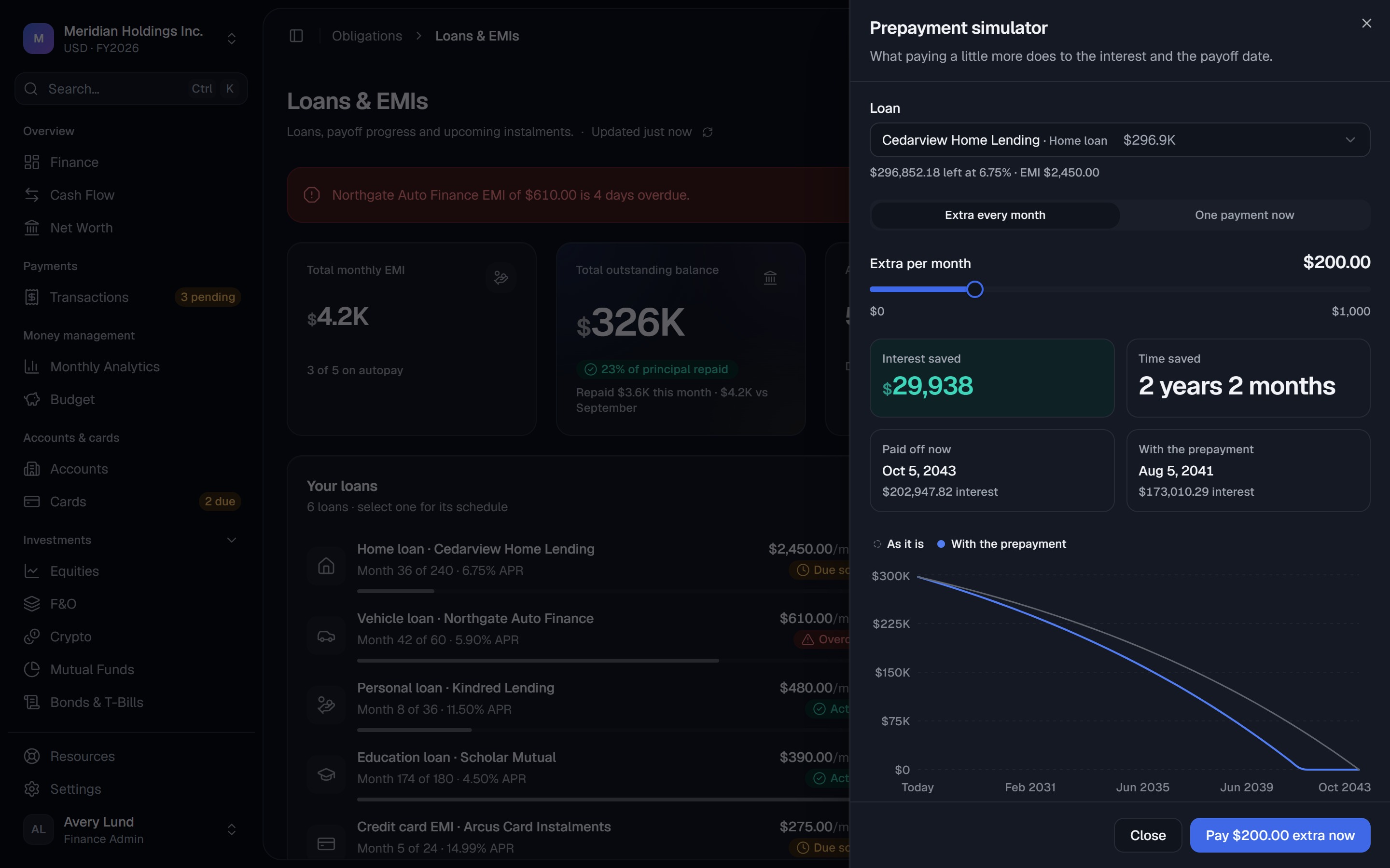 The Loans page's prepayment simulator in dark: interest and time saved, and the balance before and after on one axis
