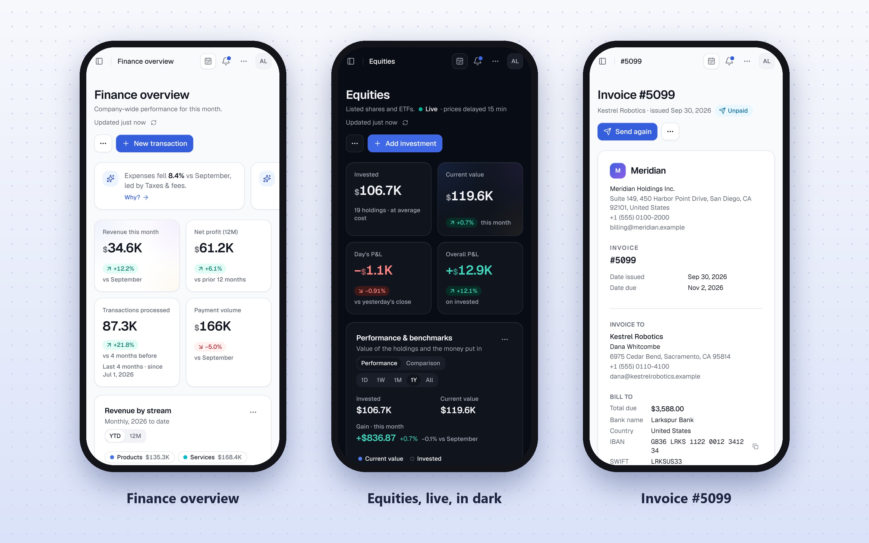 Finance overview, Equities live in dark, and invoice #5099 on three phones